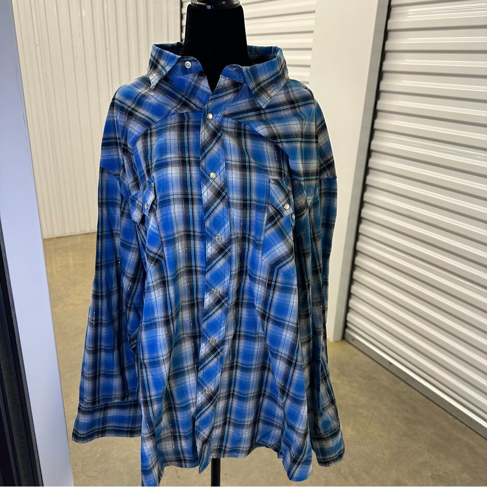 Wrangler Western‎ Women’s Plaid Shirt 3xl Pearl Snap Blue Plaid Metallic Thread